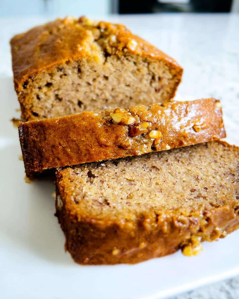 Close-up of sliced No Sugar Added Banana Bread with a moist crumb and walnuts on top.