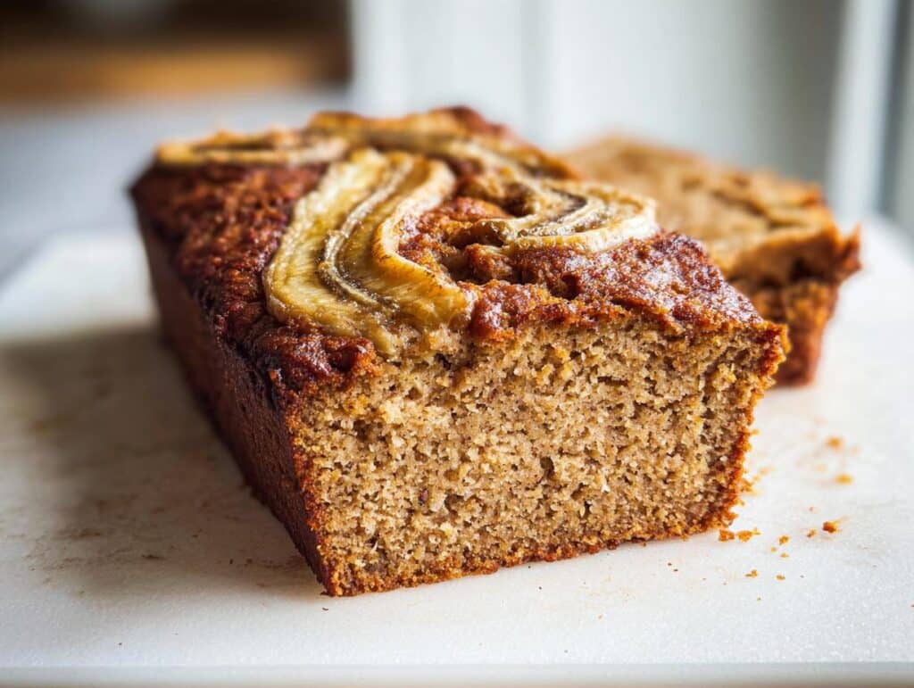 Close-up of a sliced loaf of Oil-Free Vegan Banana Bread with caramelized banana slices on top.