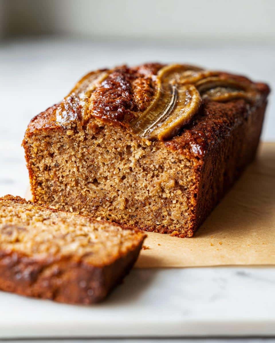 A close-up of a freshly baked Oil-Free Vegan Banana Bread loaf with a slice cut off.