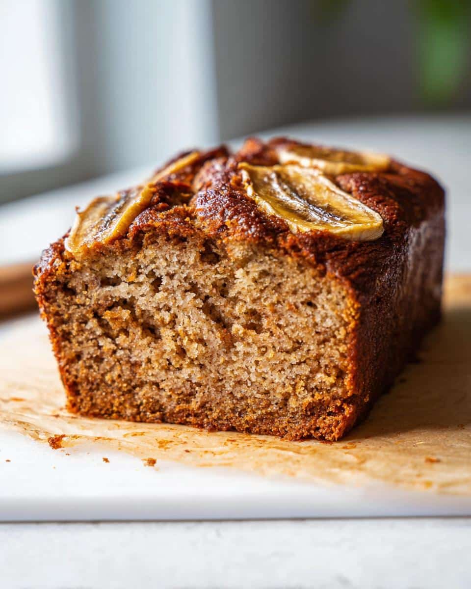 Close-up of a freshly baked loaf of Oil-Free Vegan Banana Bread, showing a moist crumb and caramelized banana slices on top.