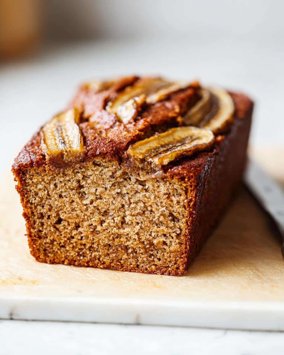 Close-up of a perfectly baked slice of Oil-Free Vegan Banana Bread showing its moist crumb and caramelized banana topping.