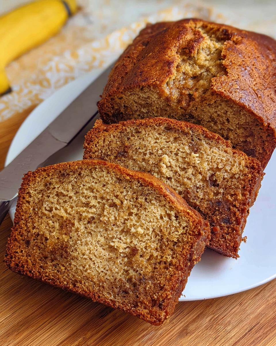 Close-up of moist, sliced One-Bowl Easy Banana Bread on a white plate next to a knife.