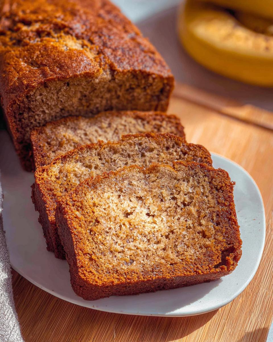 Close-up of three moist slices of One-Bowl Easy Banana Bread served on a white plate.