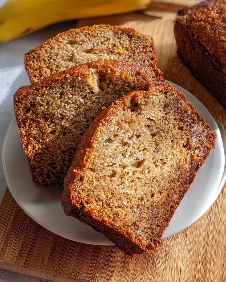 Three moist slices of One-Bowl Easy Banana Bread served on a white plate with a whole loaf visible in the background.