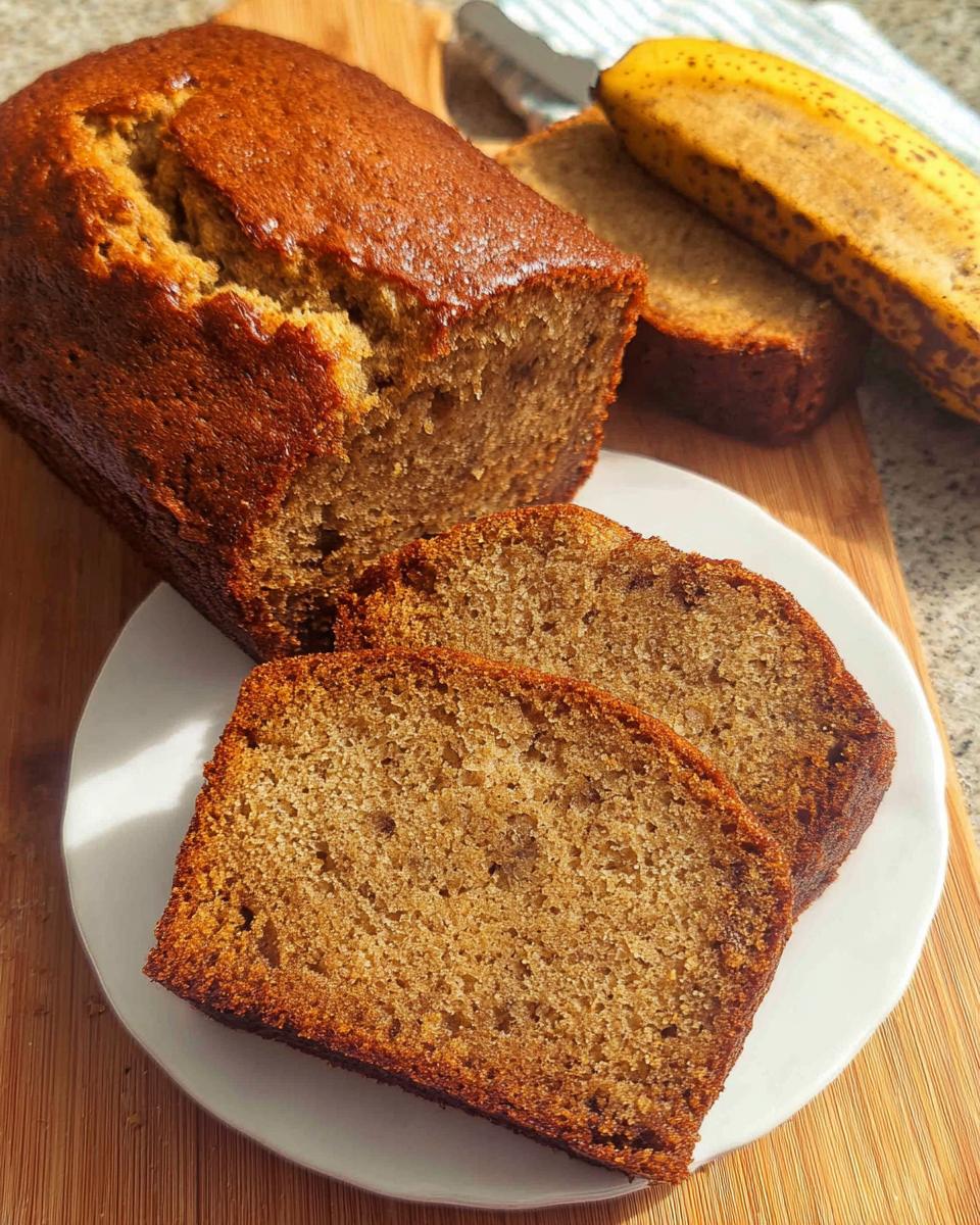 Slices of moist One-Bowl Easy Banana Bread served on a white plate next to the loaf and a ripe banana.