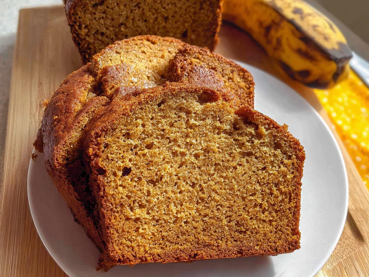 Close-up of moist slices of One-Bowl Easy Banana Bread served on a white plate with a ripe banana in the background.