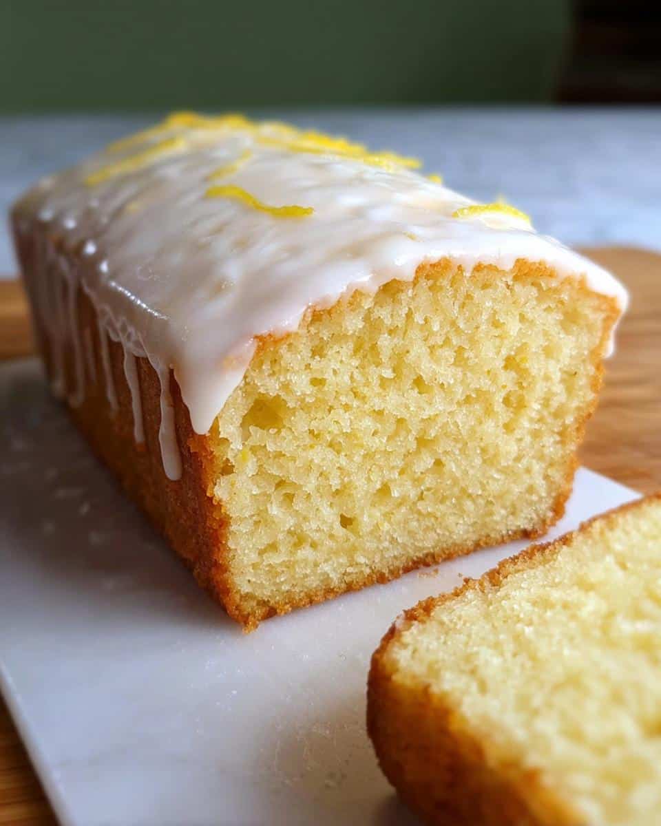 A close-up view of a moist One-Bowl Lemon Snack Bread, topped with white glaze and lemon zest.