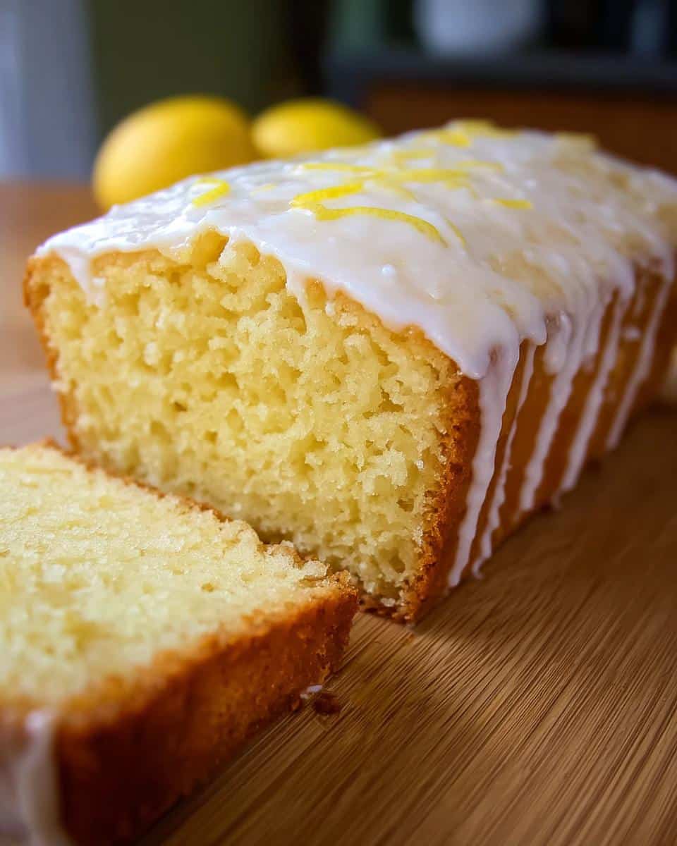 Close-up of a moist One-Bowl Lemon Snack Bread, drizzled with white glaze and lemon zest, with one slice cut.
