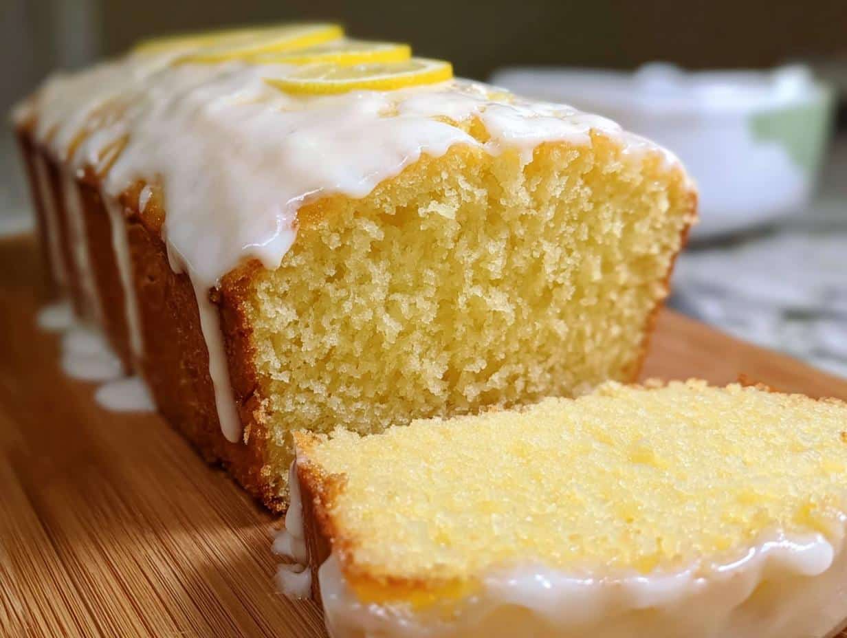 Close-up of a sliced One-Bowl Lemon Snack Bread topped with thick white glaze and lemon slices.