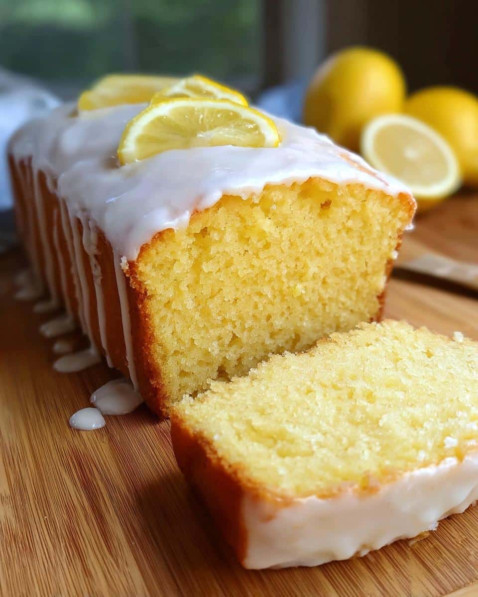 A slice cut from a moist One-Bowl Lemon Snack Bread topped with white glaze and lemon slices.