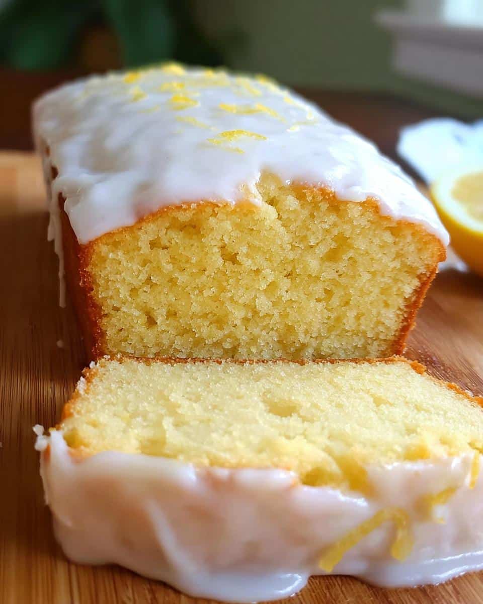 Close-up of a moist slice cut from the One-Bowl Lemon Snack Bread, topped with thick white glaze and zest.