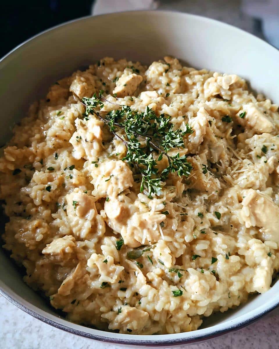 A close-up of creamy rice mixed with chunks of chicken, garnished with fresh thyme, representing the One-Pan Creamy Chicken Rice.