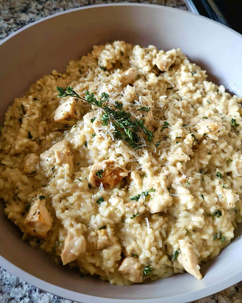 Close-up of creamy One-Pan Creamy Chicken Rice mixed with diced chicken, topped with Parmesan and fresh thyme.