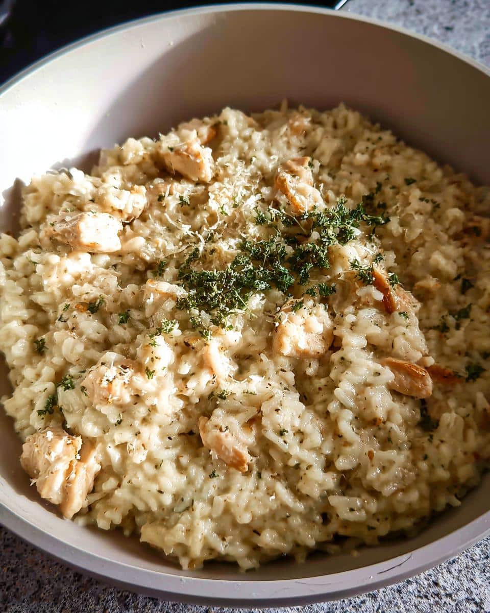 A close-up view of creamy rice mixed with chunks of chicken, topped with grated cheese and fresh herbs, representing the One-Pan Creamy Chicken Rice.