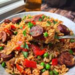 Close-up of a spoonful of One Pot Cajun Sausage and Rice featuring browned sausage slices, red peppers, and green peas.