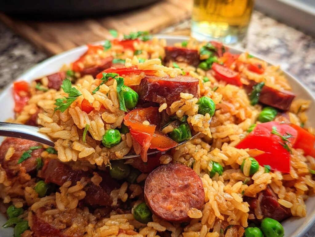 Close-up of a spoonful of One Pot Cajun Sausage and Rice with smoked sausage, peas, and red peppers.