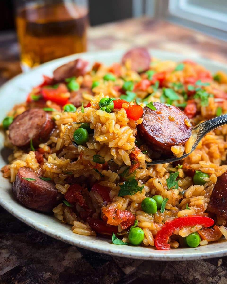 A spoonful of One Pot Cajun Sausage and Rice lifted from a plate, showing sausage, rice, peas, and peppers.