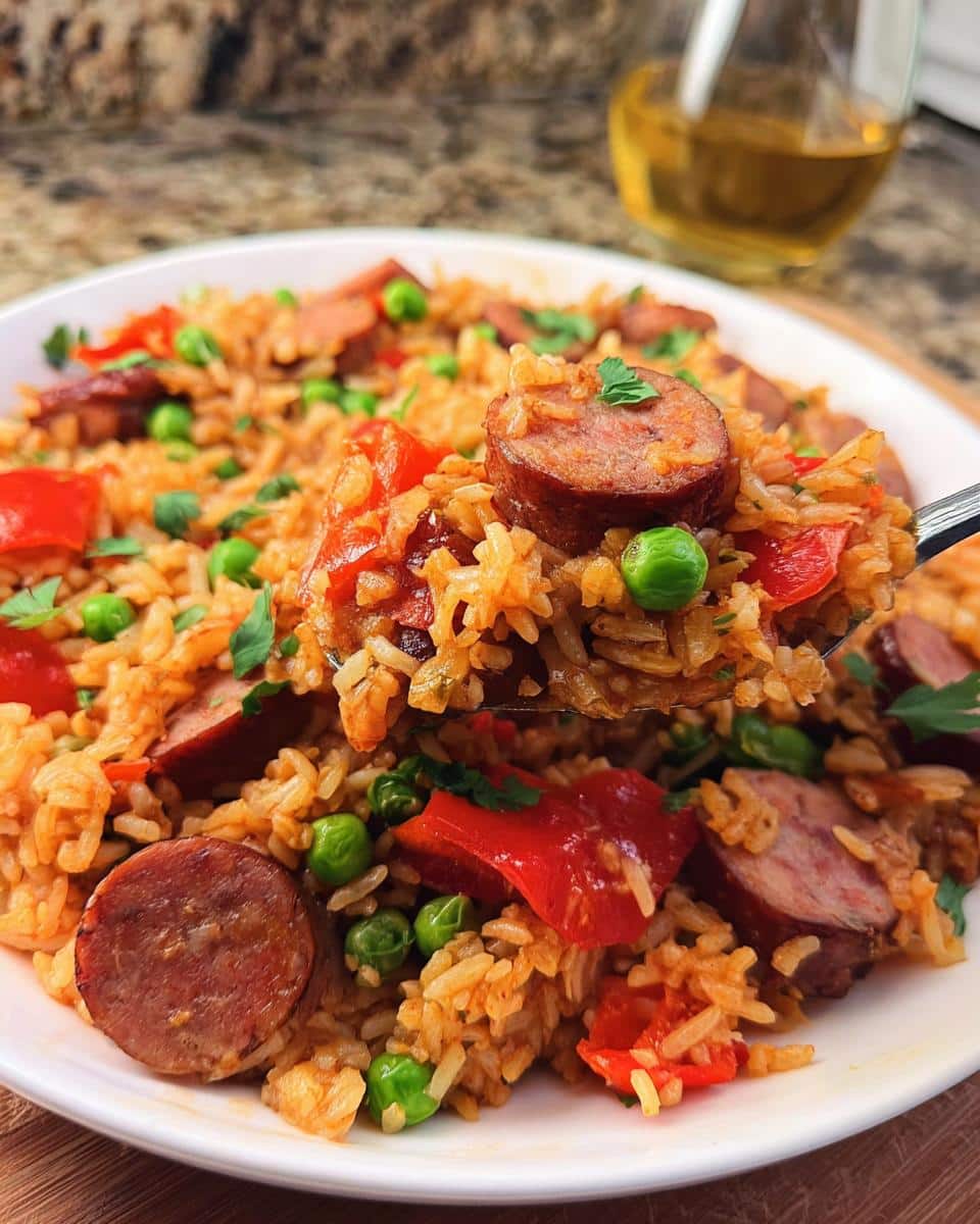 A spoonful of One Pot Cajun Sausage and Rice featuring sliced sausage, peas, and red peppers.