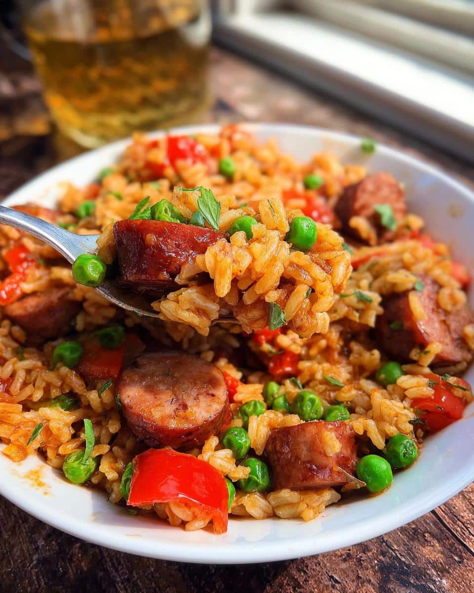 A spoonful of One Pot Cajun Sausage and Rice being lifted from a white bowl.