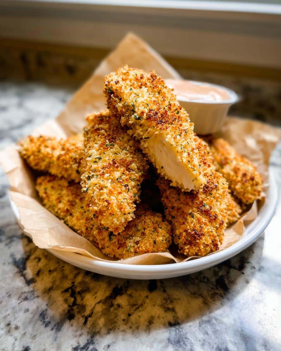 A pile of golden brown Oven-Baked Chicken Tenders with Panko Crust served with dipping sauce.