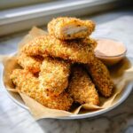 A stack of golden, crispy Oven-Baked Chicken Tenders with Panko Crust, one piece broken open to show the white meat inside.