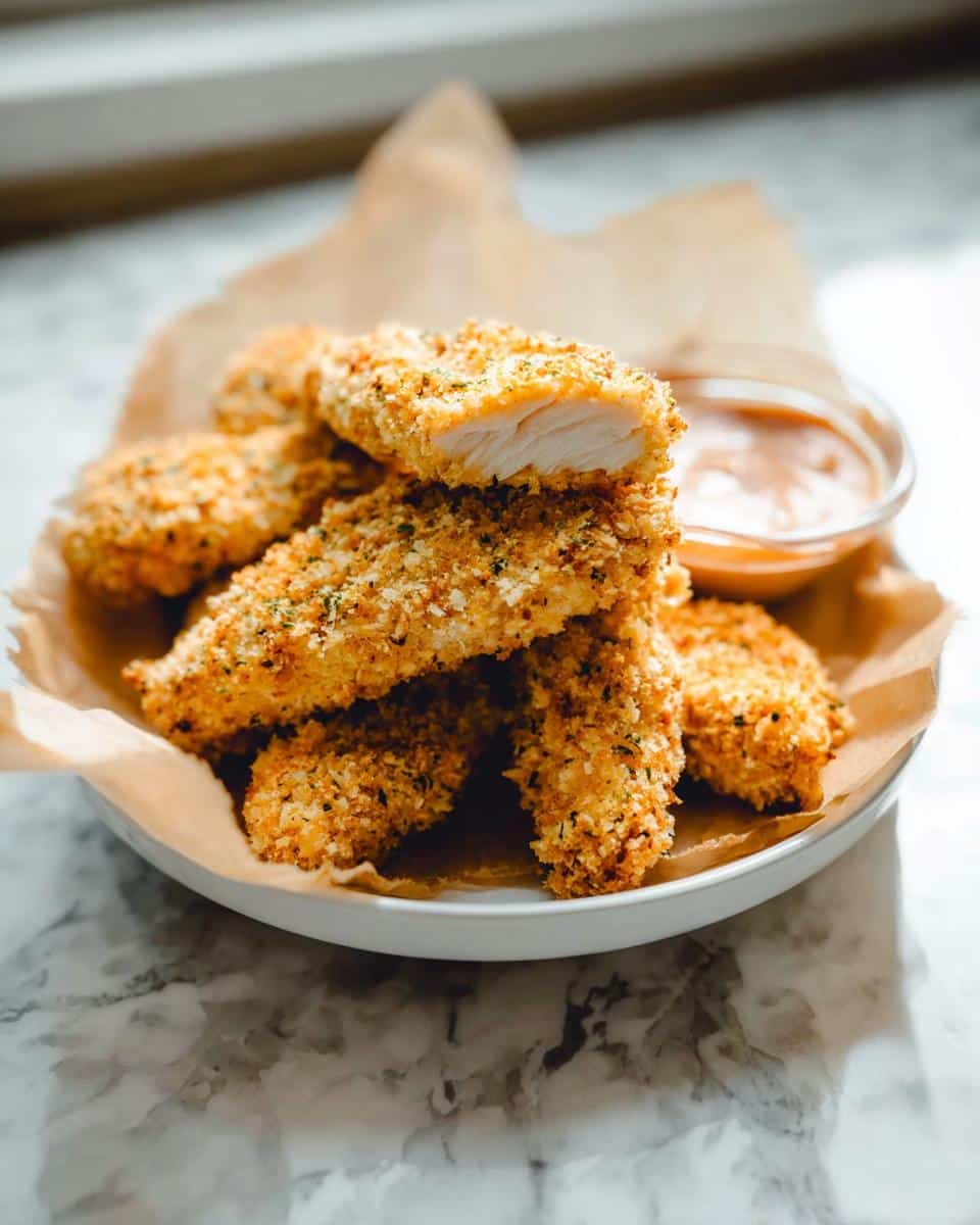 Close-up of crispy Oven-Baked Chicken Tenders with Panko Crust, one piece cut open showing white meat.