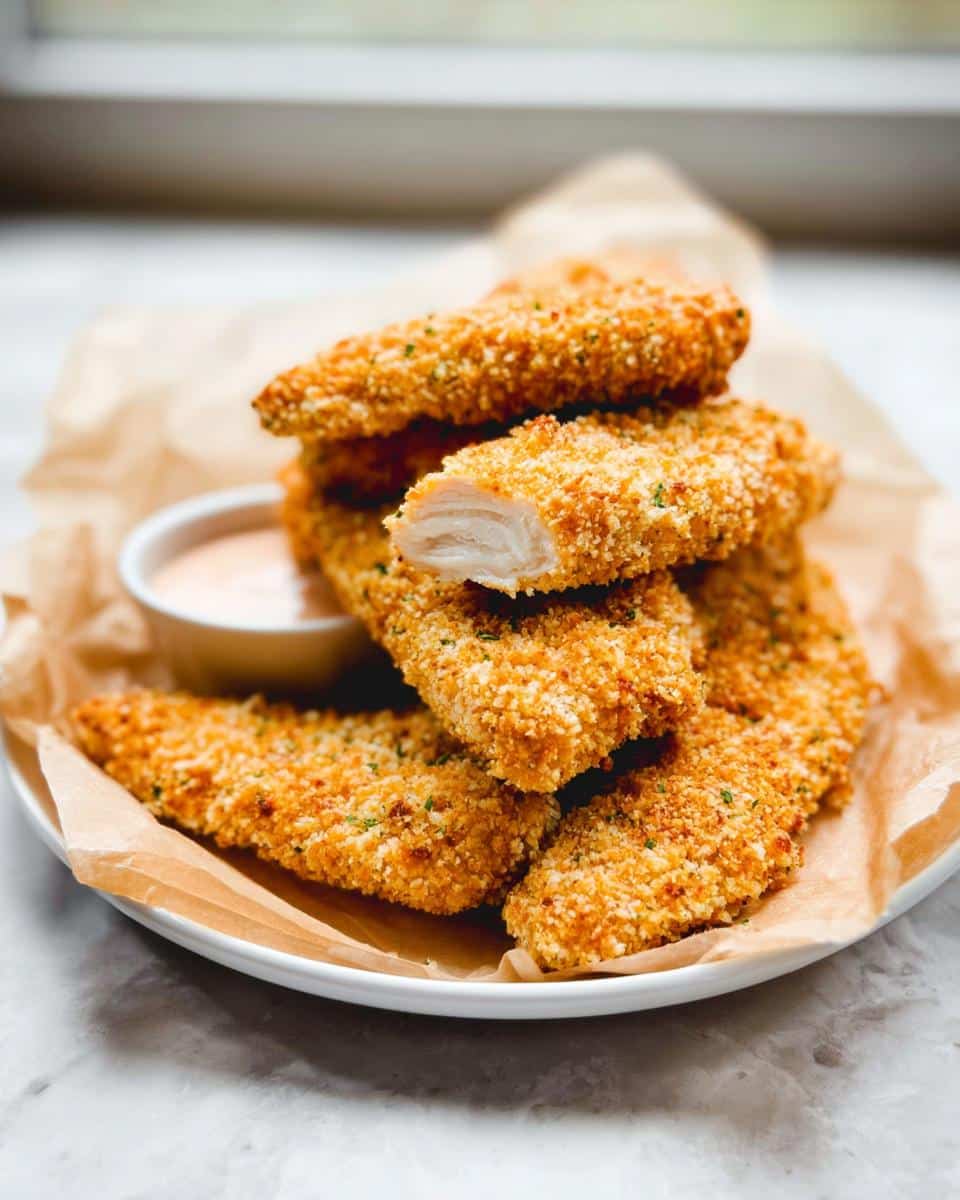 A stack of golden brown Oven-Baked Chicken Tenders with Panko Crust, one piece cut open to show the white meat.