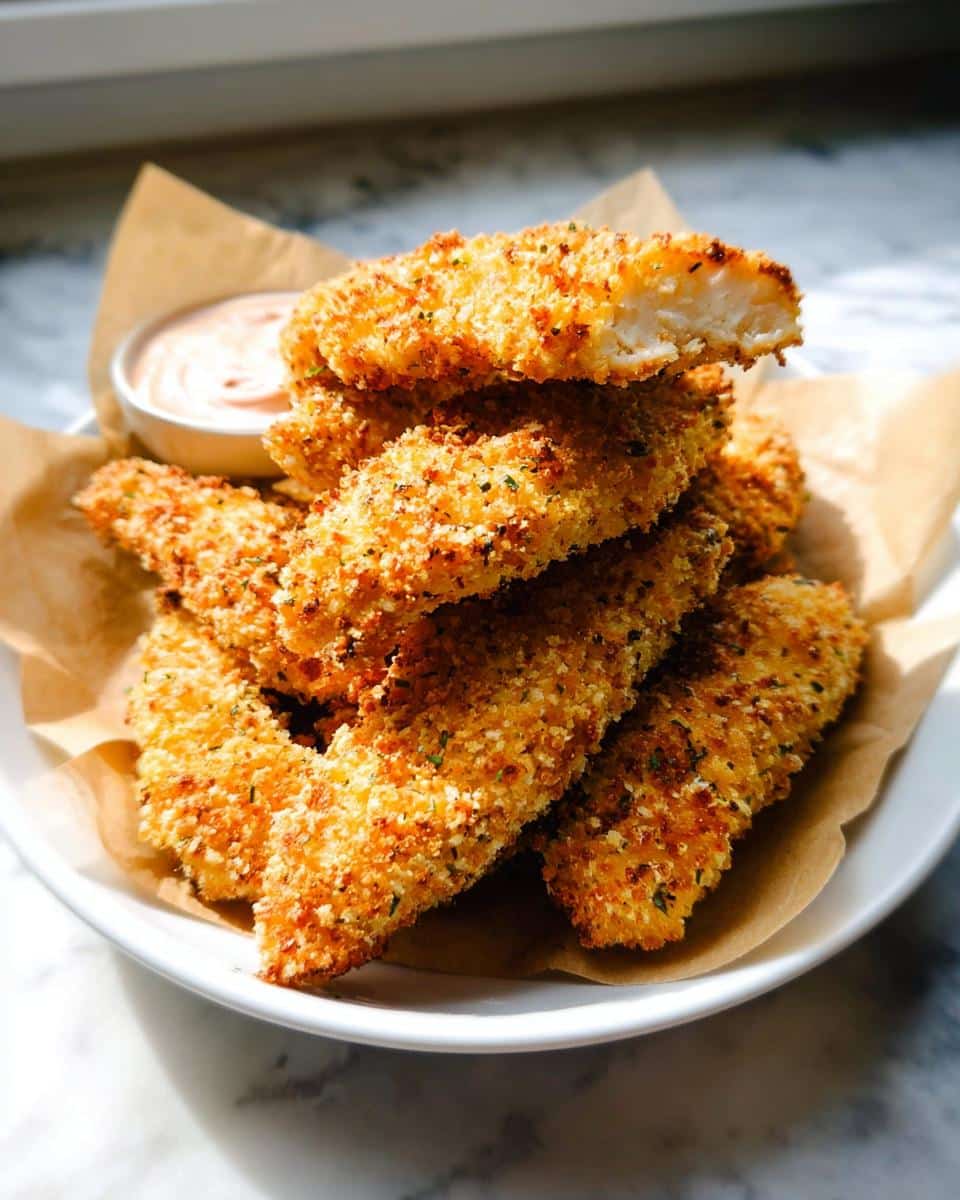 A stack of golden brown Oven-Baked Chicken Tenders with Panko Crust served with a dipping sauce.