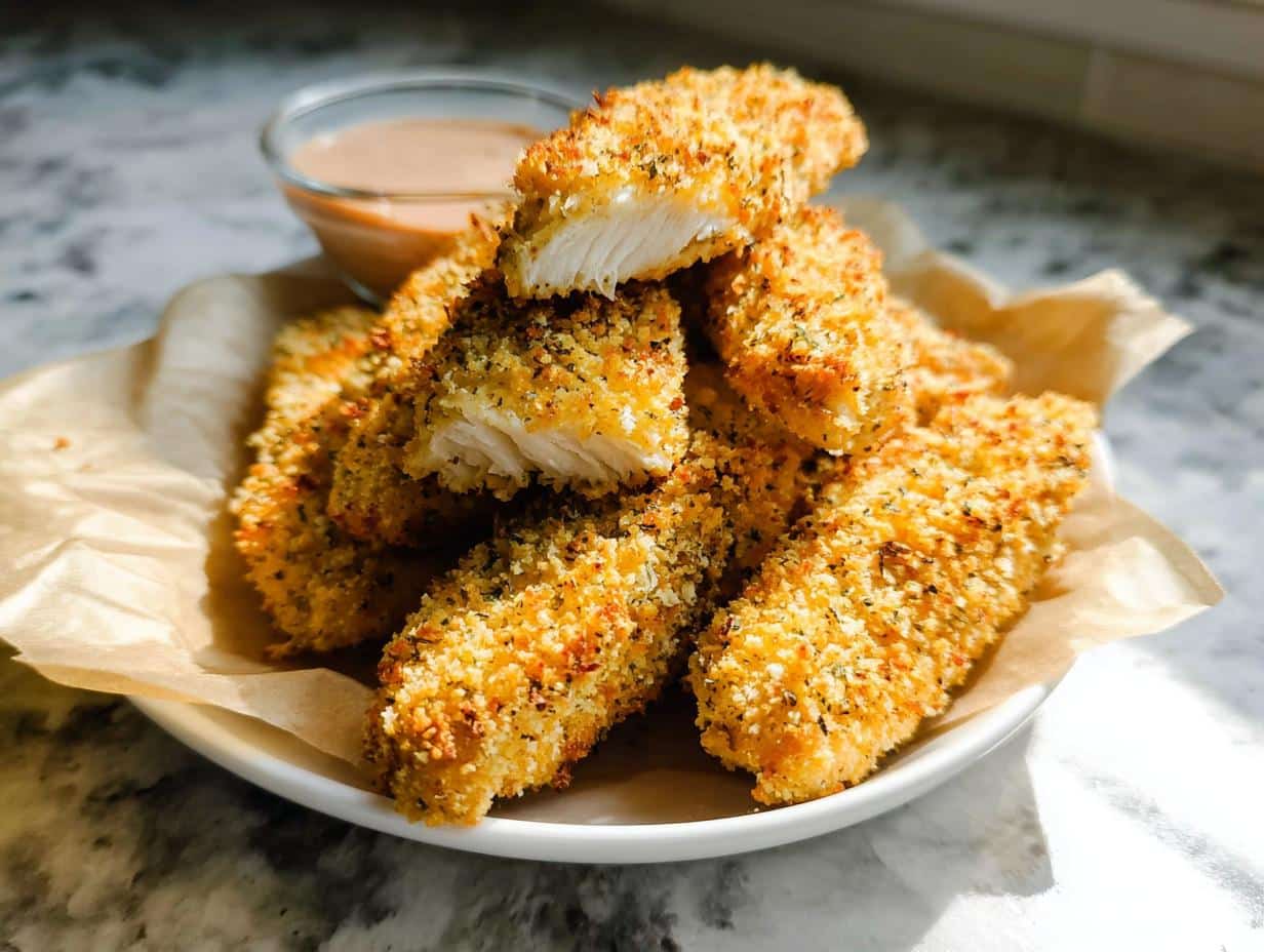 A stack of golden, crispy Oven-Baked Chicken Tenders with Panko Crust on a white plate with dipping sauce.