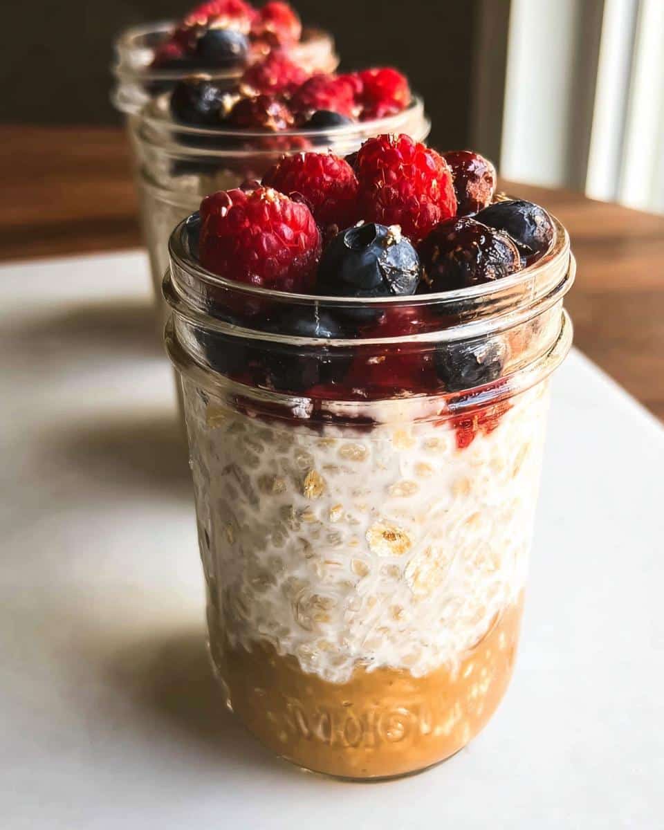 Close-up of Overnight Oats Meal Prep Jars layered with peanut butter, oats, and topped with fresh raspberries and blueberries.