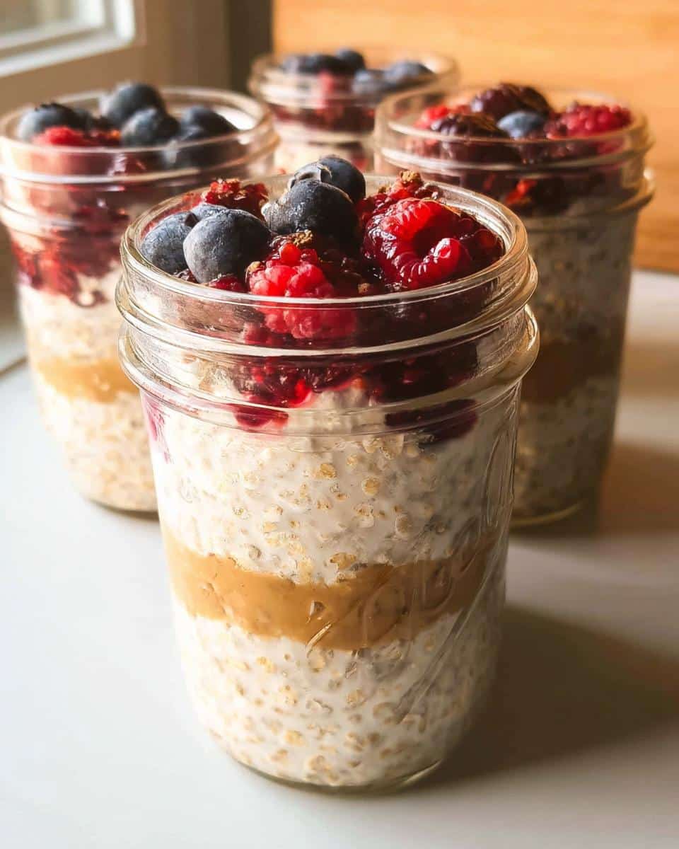 Four glass jars filled with layered Overnight Oats Meal Prep Jars topped with blueberries and raspberries.