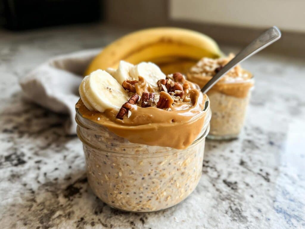 Close-up of Peanut Butter Banana Overnight Oats topped with sliced banana, pecans, and peanut butter in a glass jar.
