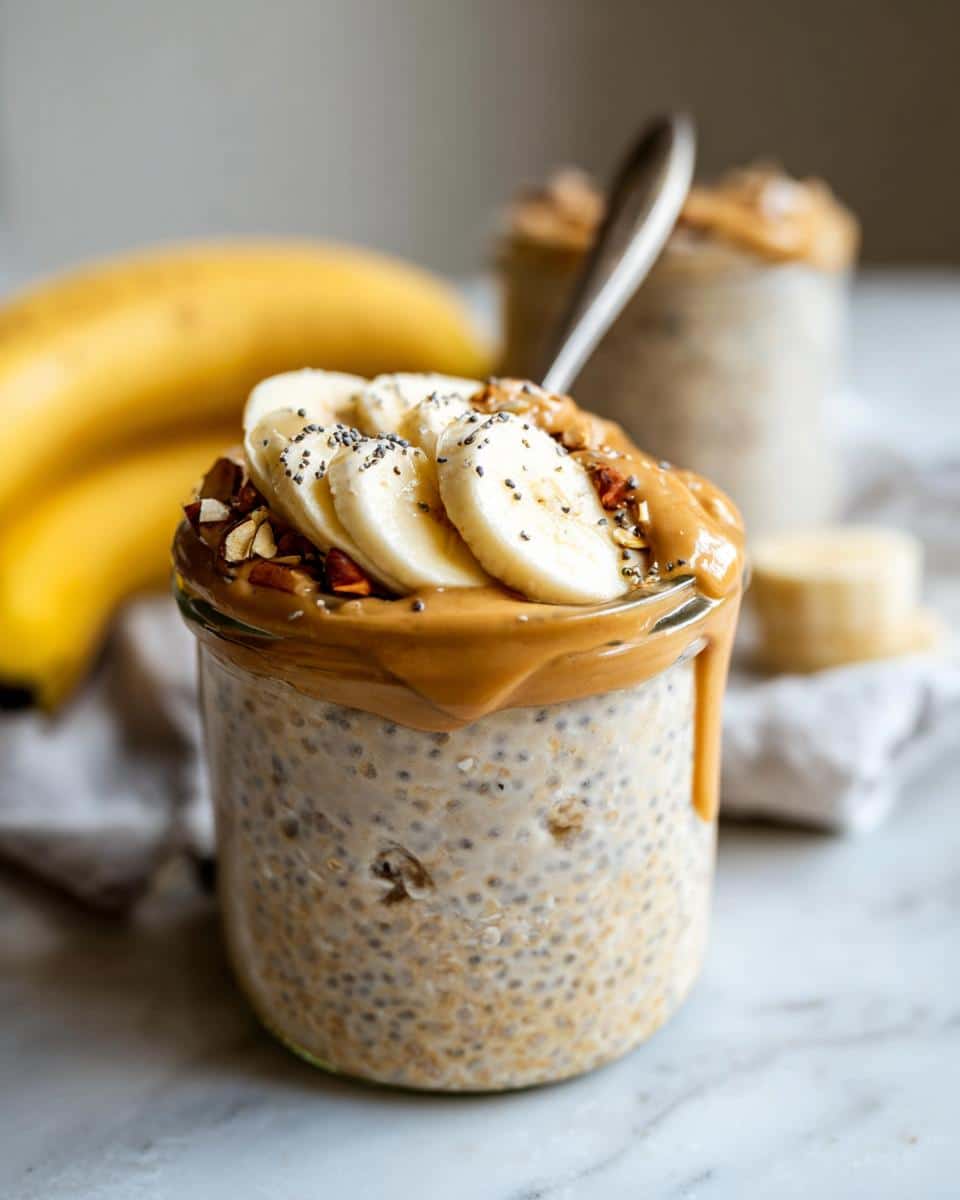Close-up of Peanut Butter Banana Overnight Oats topped with sliced banana, peanut butter drizzle, and chia seeds.
