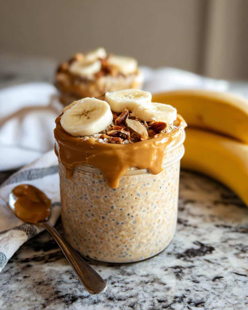 Close-up of Peanut Butter Banana Overnight Oats topped with sliced banana and nuts in a jar.