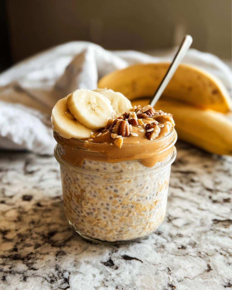 Close-up of Peanut Butter Banana Overnight Oats topped with banana slices, pecans, and peanut butter drizzle.