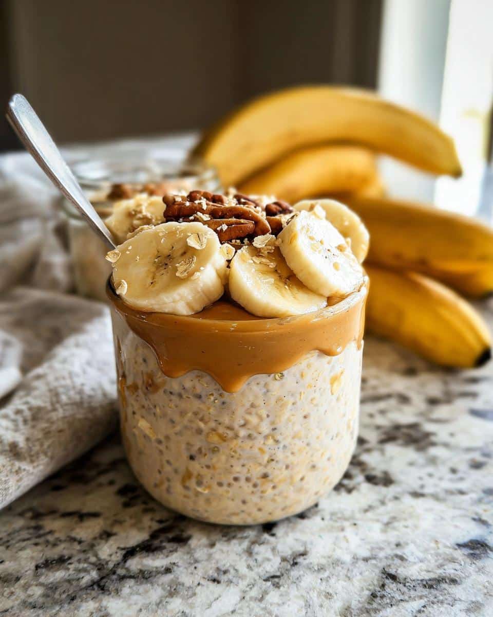 Close-up of Peanut Butter Banana Overnight Oats topped with banana slices, pecans, and drizzled peanut butter.