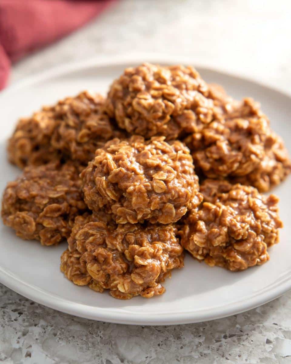 A close-up of several rich, brown Peanut Butter No-Bake Cookies piled high on a white plate.
