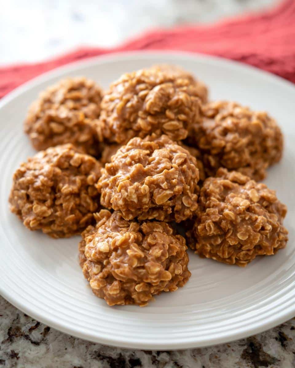 A white plate filled with several mounds of rich, brown Peanut Butter No-Bake Cookies mixed with oats.