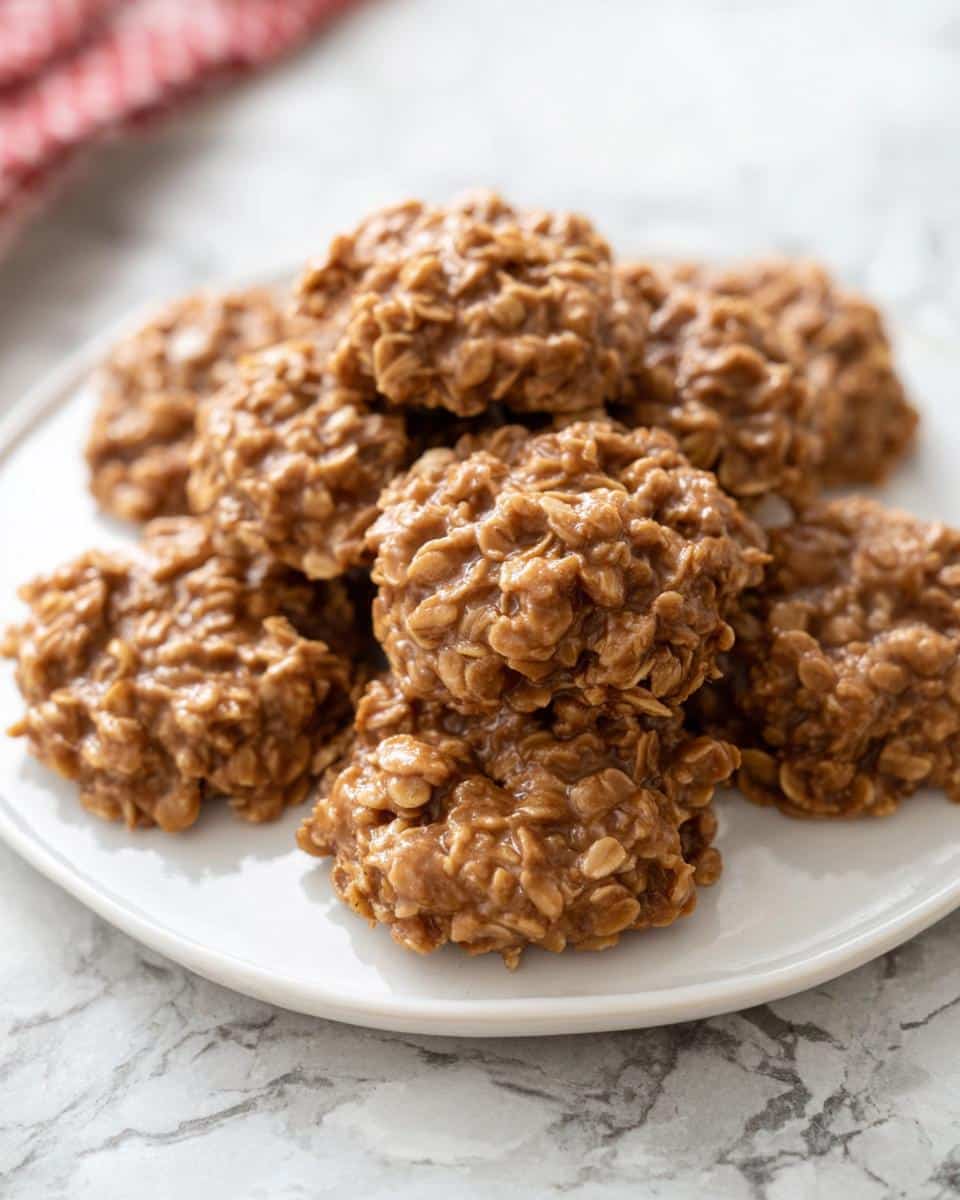 A stack of delicious Peanut Butter No-Bake Cookies made with oats, resting on a white marble surface.