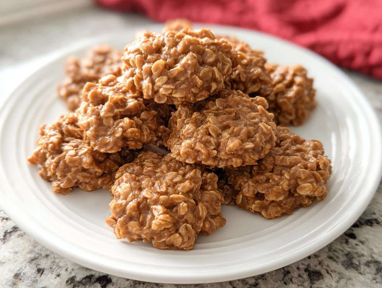 A stack of freshly made Peanut Butter No-Bake Cookies piled high on a white, ridged plate.