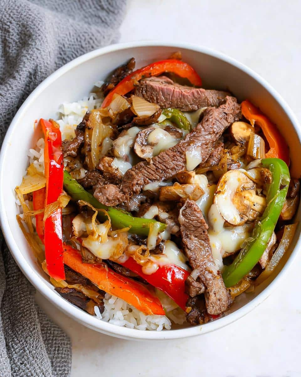 A close-up of a Philly Cheesesteak Protein Bowl served over white rice with melted cheese, steak strips, onions, and colorful bell peppers.