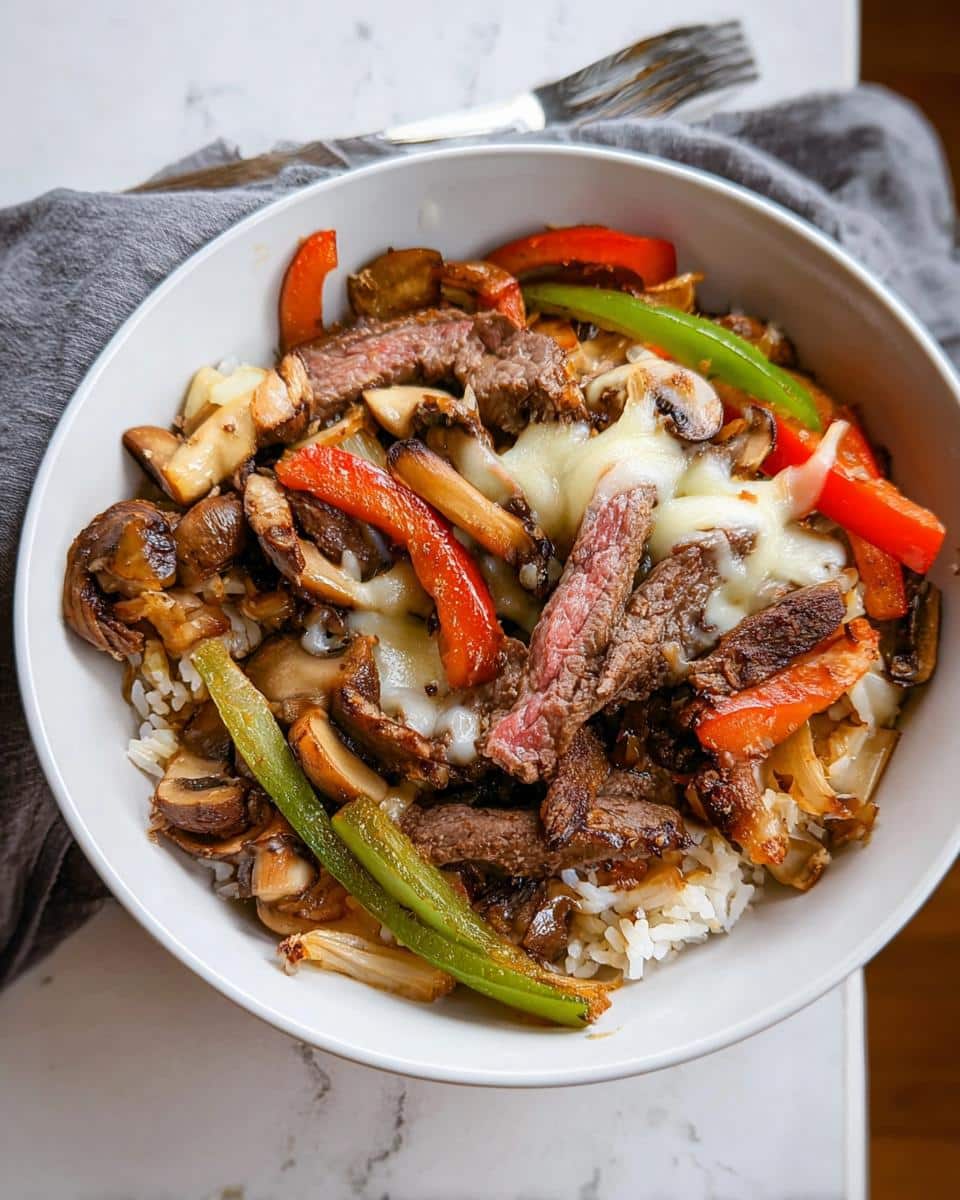 Overhead view of a Philly Cheesesteak Protein Bowl featuring sliced steak, melted cheese, mushrooms, and peppers over rice.