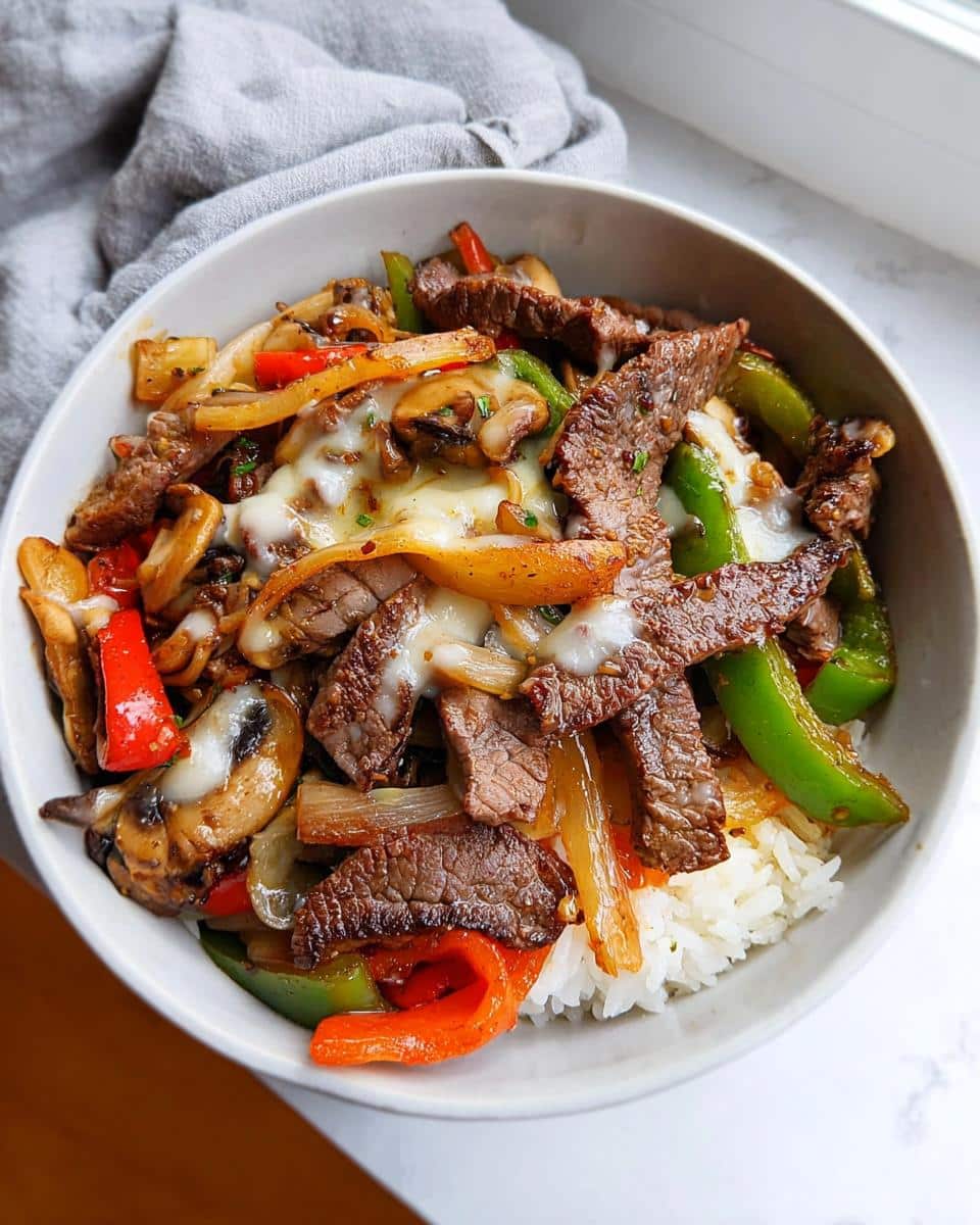 Close-up of a Philly Cheesesteak Protein Bowl featuring sliced steak, peppers, onions, mushrooms, and melted cheese over rice.