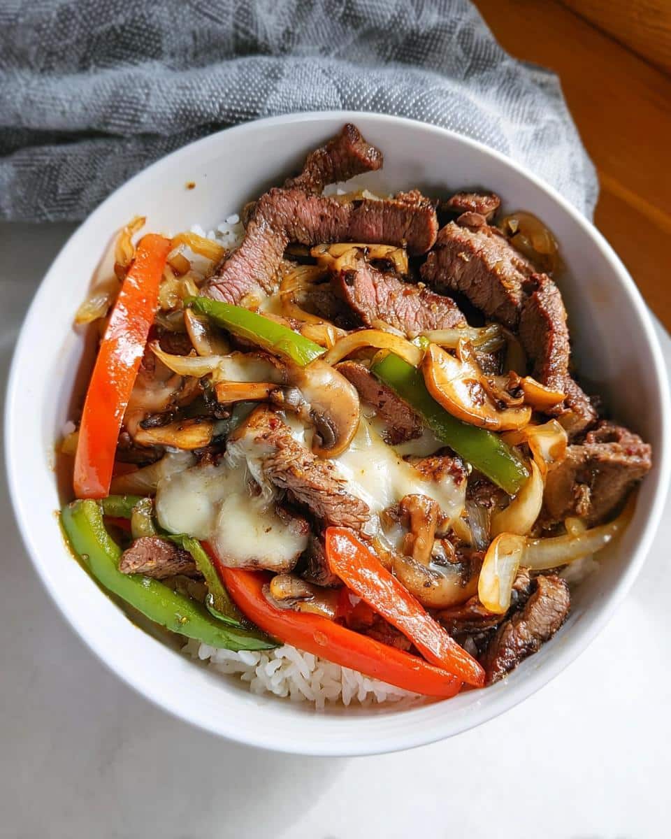 Close-up of a Philly Cheesesteak Protein Bowl featuring sliced steak, peppers, onions, mushrooms, and melted cheese over rice.