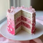 Cross-section view of a Pink Birthday Valentine Cake showing white layers and pink filling, decorated with pink hearts.