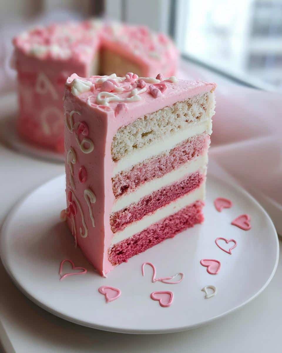 A tall slice of Pink Birthday Valentine Cake showing ombre pink layers and white frosting, decorated with pink hearts.