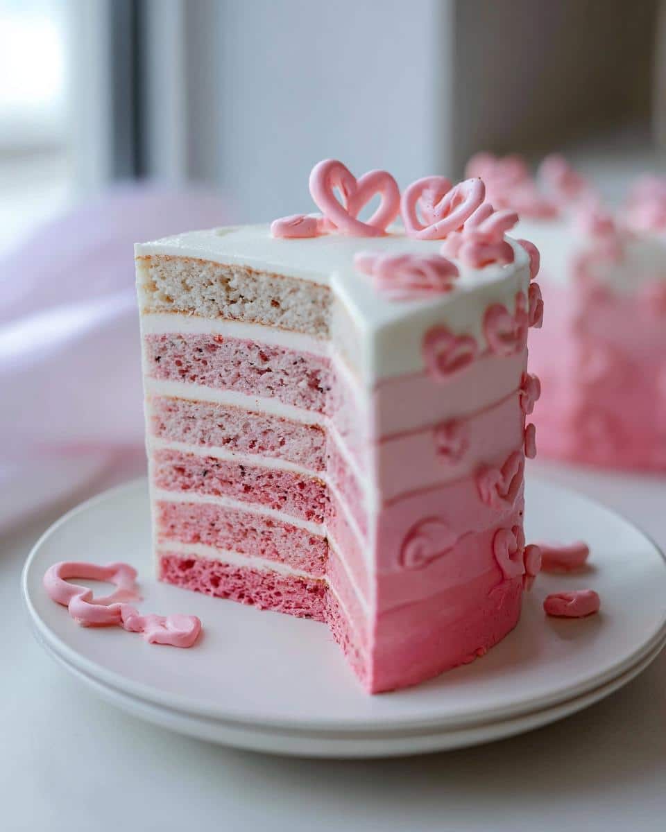 Cross-section of a multi-layered Pink Birthday Valentine Cake showing alternating pink cake and white frosting layers.