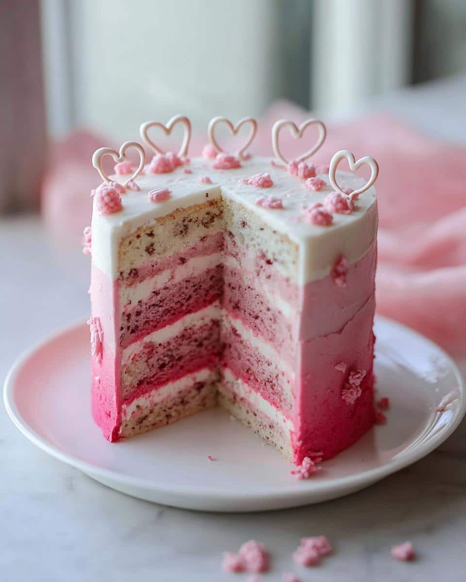A slice cut from a layered Pink Birthday Valentine Cake, featuring ombre pink frosting and heart toppers.