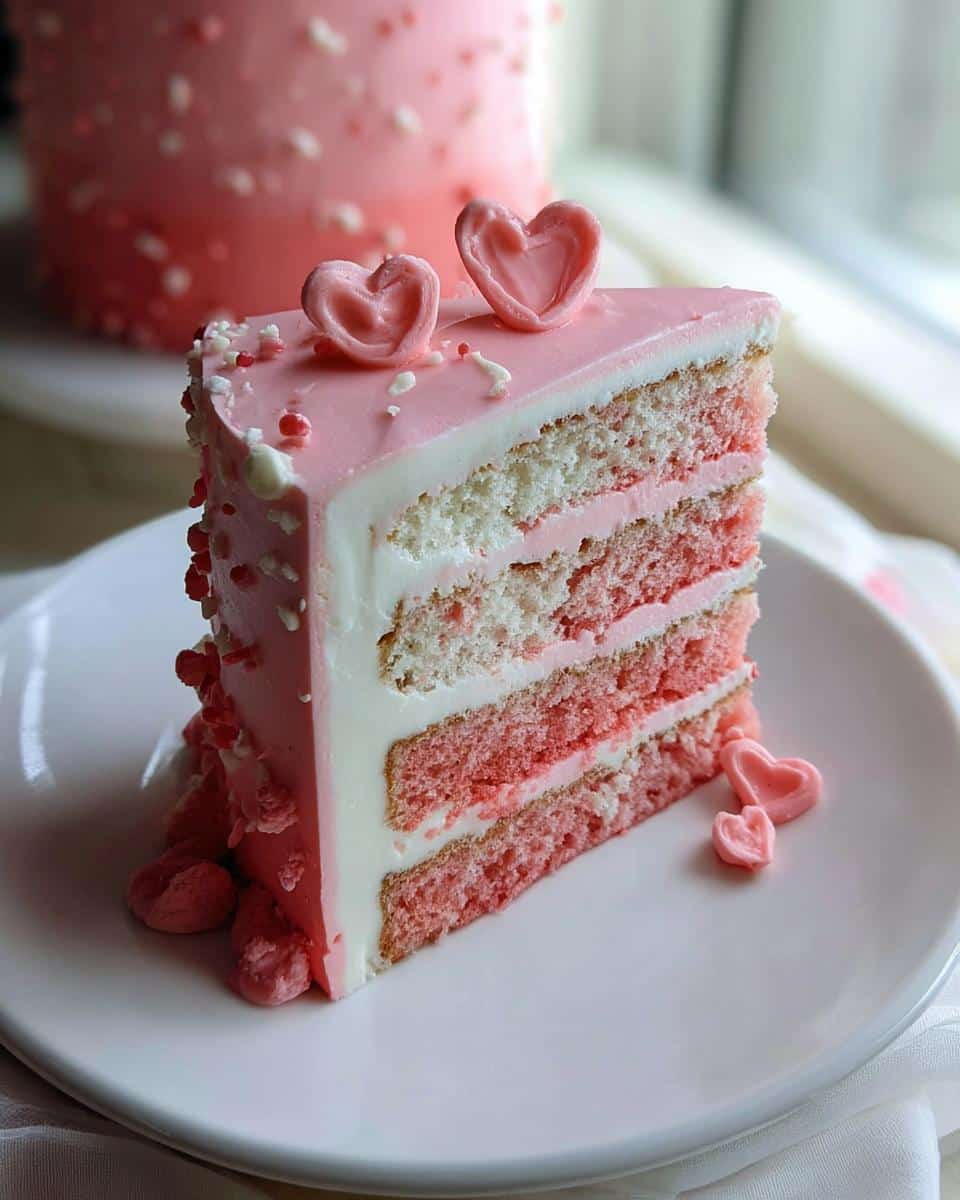 A tall slice of Pink Birthday Valentine Cake showing four layers of pink and white cake with white frosting, topped with pink hearts.