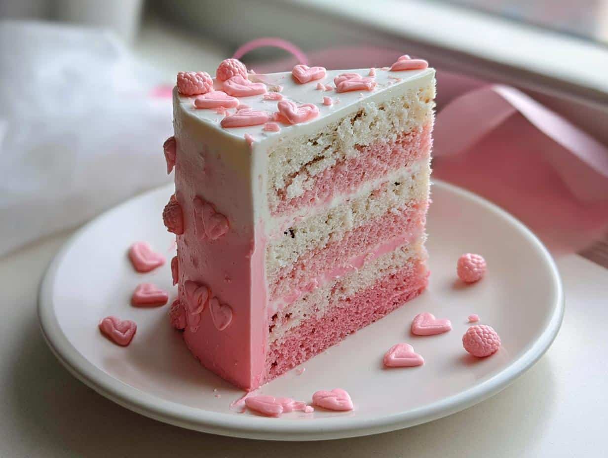 A tall slice of Pink Birthday Valentine Cake showing alternating pink and white layers, decorated with pink hearts.